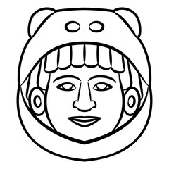 Aztec god Ehecatl. Human head in animal helmet. Indian warrior. Indigenous Native American art. Black and white linear silhouette.