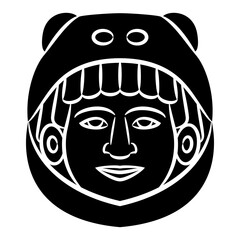 Aztec god Ehecatl. Human head in animal helmet. Indian warrior. Indigenous Native American art. Black and white silhouette.