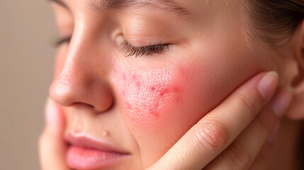 Acne rosacea on womans face. Reddish pimples on cheeks.