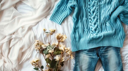 Obraz premium Top view of women s blue knit sweater and jeans on bed with ample space for text overlay