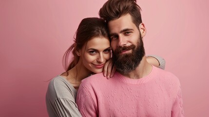Obraz premium Detailed shot of a husband and wife couple embracing with a solid color backdrop, ultra-clear and sharp