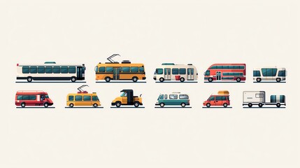 A collection of various bus types, including double decker, trolley, and city buses, depicted in a side view.