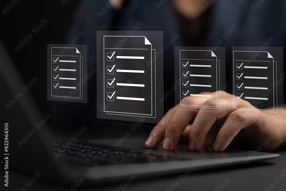 Poster Compliance rules and law regulation policy on virtual screen, documents with checkbox lists