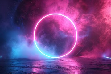 Neon circle glowing in a dark, misty landscape.