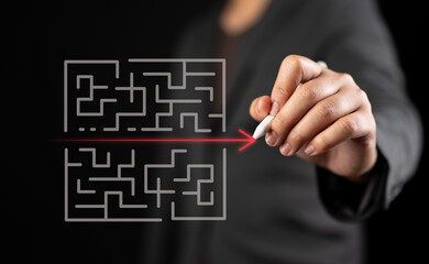 simple easy fast solution concept, problem solving, business man thinking about exit from complex...