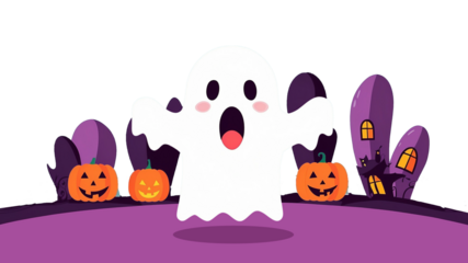 Adorable animated ghost with outstretched arms.
