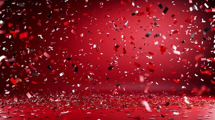 Red confetti falling over a red background.