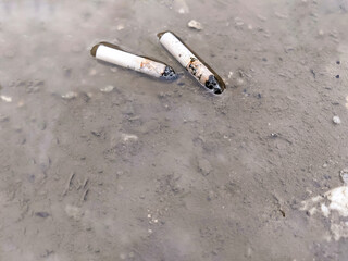 Two discarded cigarette butts on the ground submerged in water