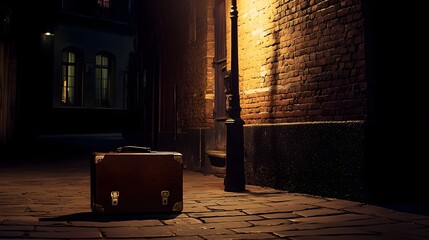 A Mysterious Briefcase Alone in the Empty Urban Street at Night