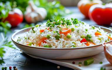 Rice with vegetables on a white plate. toning. selective focus