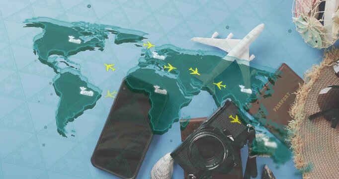 Travel essentials on blue background with airplane routes and destinations animation