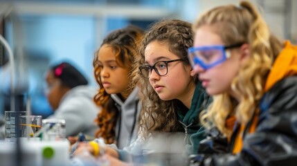 Obraz premium Highlighting female students actively engaged in stem education for optimal search result relevance