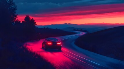 Naklejka premium Car with Flashing Hazards on Winding Mountain Road at Dusk