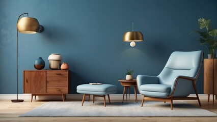 This is a 3D render of a modern, mid-century living room with a leather armchair and a wood cabinet on a blue wall and wood floor.
