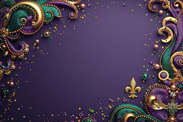 Purple, green, and gold Mardi Gras decorations around a blank space.
