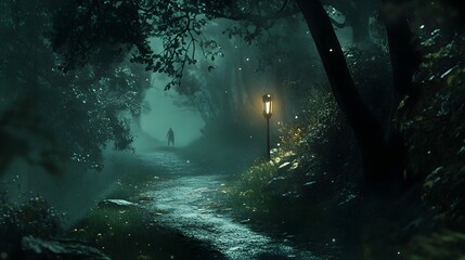 Obraz premium Enchanted Forest Path Lit by Solitary Lantern in Mystical Atmosphere