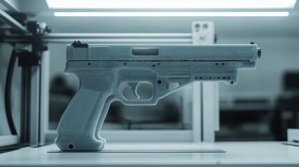 3D printed firearm model displayed in a modern workshop setting, highlighting advanced manufacturing technology.