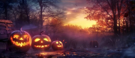 A dark and eerie Halloween night scene featuring a spooky forest at sunset with glowing Jack O' Lanterns on the left side of a rustic wooden bench