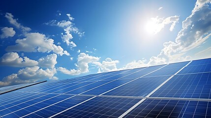 An enormous solar panels power plant that generates clean green power in the morning