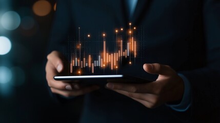 Close up of businessman hand pointing at tablet with glowing forex chart on blurry office interior background. Trade, finance and invest concept. Double exposure