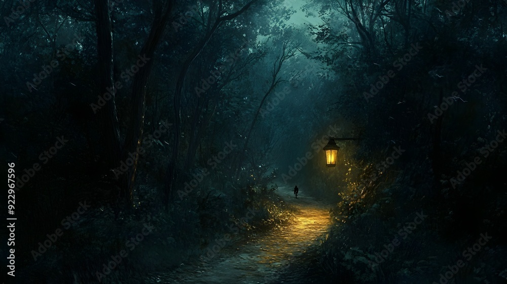 Poster solitary lantern guiding through the mysterious forest path