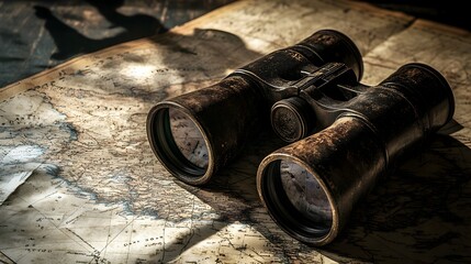 Weathered Vintage Binoculars Resting on Old Map with Shadowy Silhouette