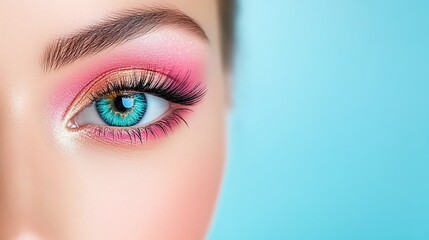 Naklejka premium A close-up image showcasing a stunning blue eye with vibrant makeup, highlighting beauty and elegance against a soft pastel background.