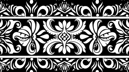 Fototapeta premium Black and white intricate floral pattern with a symmetrical design. Perfect for borders, backgrounds, and design projects.