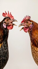 Fototapeta premium Two chickens with open beaks face each other with white background.
