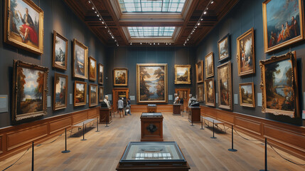 Interior of an art museum with various paintings hanging on walls all around.