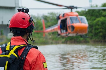 Fototapeta premium A disaster response drill featuring simulated search and rescue operations, Generative AI