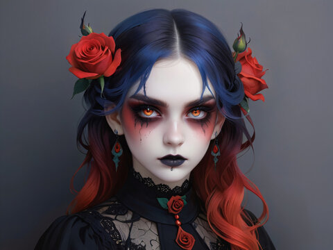 Artwork Portrait of a Goth Girl With Roses in Her Hair