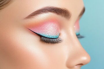 Fototapeta premium Close-up of a beautifully styled eye with vibrant pink and blue makeup, showcasing artistry and elegance in cosmetics design.