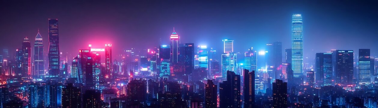 Nighttime Cityscape with Neon Lights Illustration