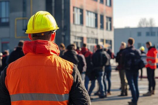 A group of people practicing evacuation procedures during a building fire drill, Generative AI