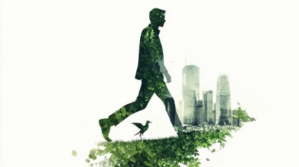 Eco concept with greenery, city, and a walking man silhouette on a white background.