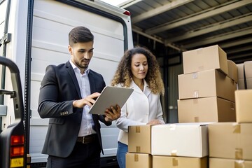Business partners checking inventory on a tablet.