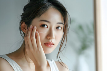 鏡の前で美肌を磨く女性、スキンケアルーチン