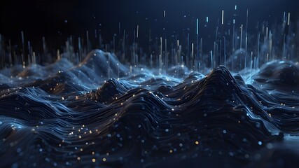 A dark Blue background with abstract digital data streams illustrates the idea of big data and cloud computing. 3D Production