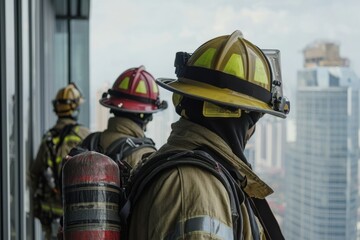 Emergency responders conducting a fire drill in a high-rise building, Generative AI