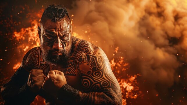 A muscular warrior stands ready in a fierce pose, surrounded by flames and smoke, embodying strength and determination