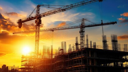 Construction crane silhouette against an orange sunset sky, with a building under construction.
