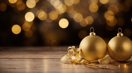 Festive holiday decorations and Christmas ornaments on a wooden table with golden bokeh lights 
