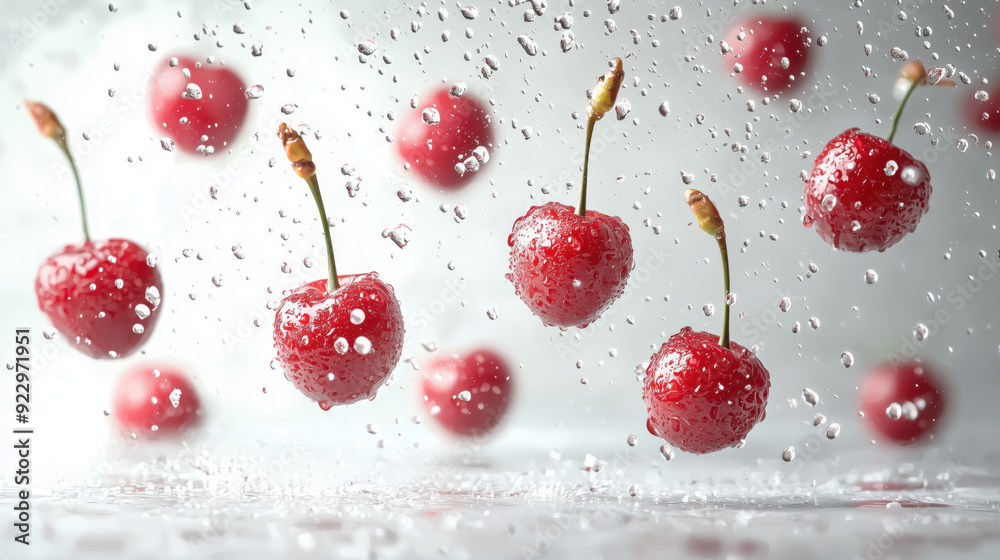 Wall mural Cherries floating in mid-air on a condensed water droplets background 