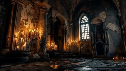 Obraz premium An old historic castle with a spooky interior design that is partially lit by candles