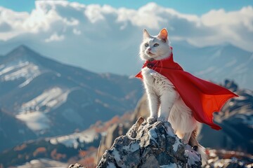 A white cat wearing a red cape stands on a rock overlooking a snowy mountain range.