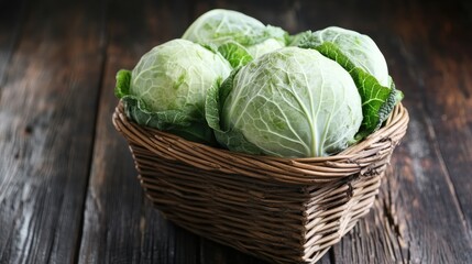 Fresh green cabbages in a wicker basket on a rustic wooden table.