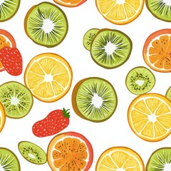 Fototapeta premium Seamless pattern of fresh fruit slices including kiwis, strawberries, and oranges
