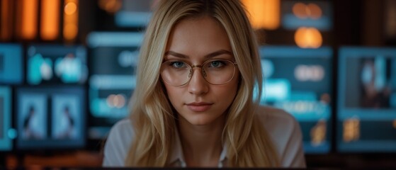 Focused woman surrounded by digital screens