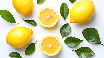 Fresh lemon with green leaves on white background. Top view. 